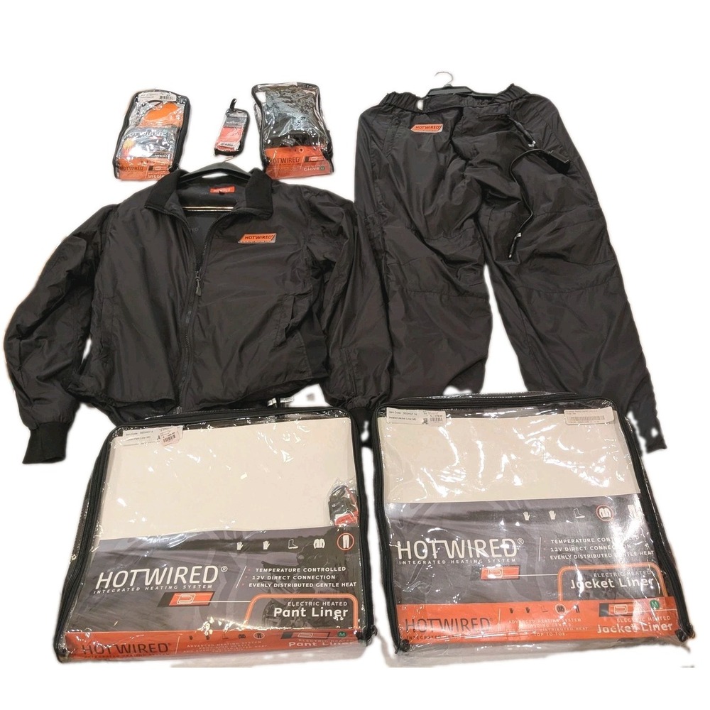 NEW Hotwired Heated Set Men M Black Jacket,Pants, Insoles,Gloves,Remote 12V Moto